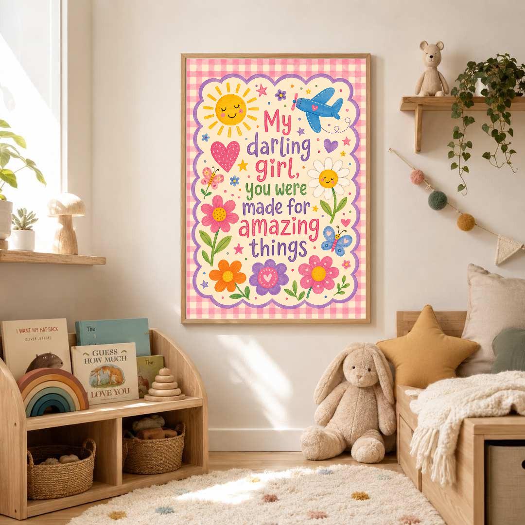 Girls Nursery Quote Print, My Darling Girl Wall Art, Positive Kids Bedroom Decor, Colourful Floral Nursery Print, A4 A3