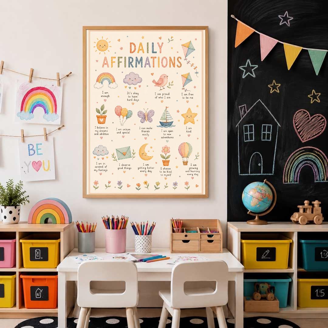 Kids Daily Affirmations Print, Positive Affirmation Wall Art, Nursery & Playroom Decor, Children's Mindset Poster, A4 A3