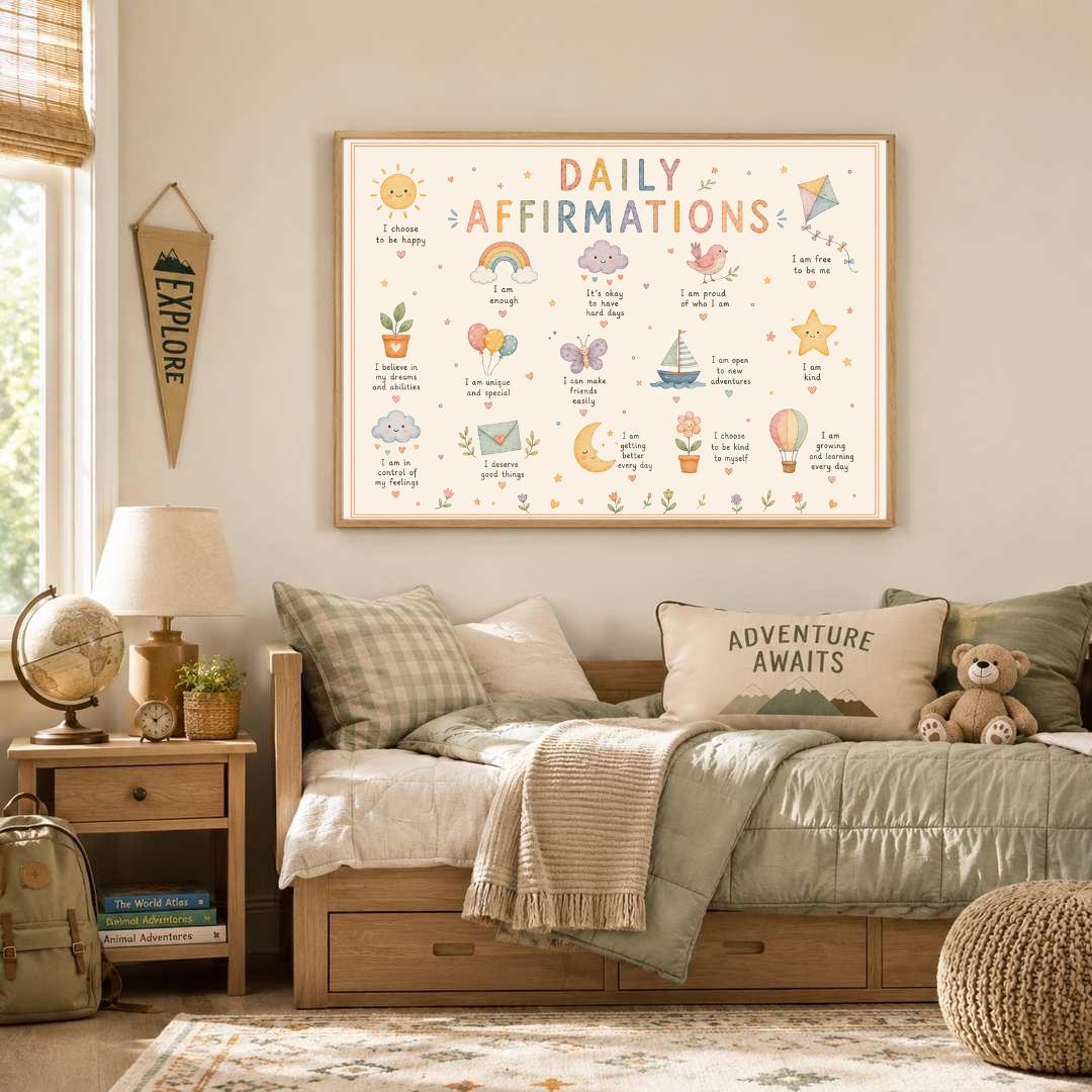 Kids Daily Affirmations Print, Positive Affirmation Wall Art, Rainbow Nursery Decor, Children's Mindset Poster, A4 A3