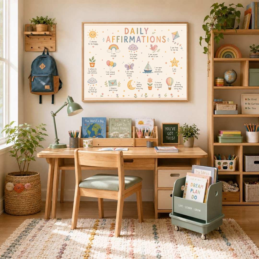 Kids Daily Affirmations Print, Positive Affirmation Wall Art, Rainbow Nursery Decor, Children's Mindset Poster, A4 A3