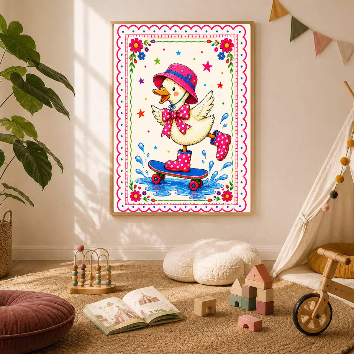 A framed print of the duck on a skateboard centered on a neutral wall above a round rug, an open picture book, and a wooden toy arch in a bright room.