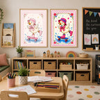 Two framed art prints, one showing the skateboarding duck and the other in a matching border, displayed on a wall above a long shelving unit filled with books and baskets.