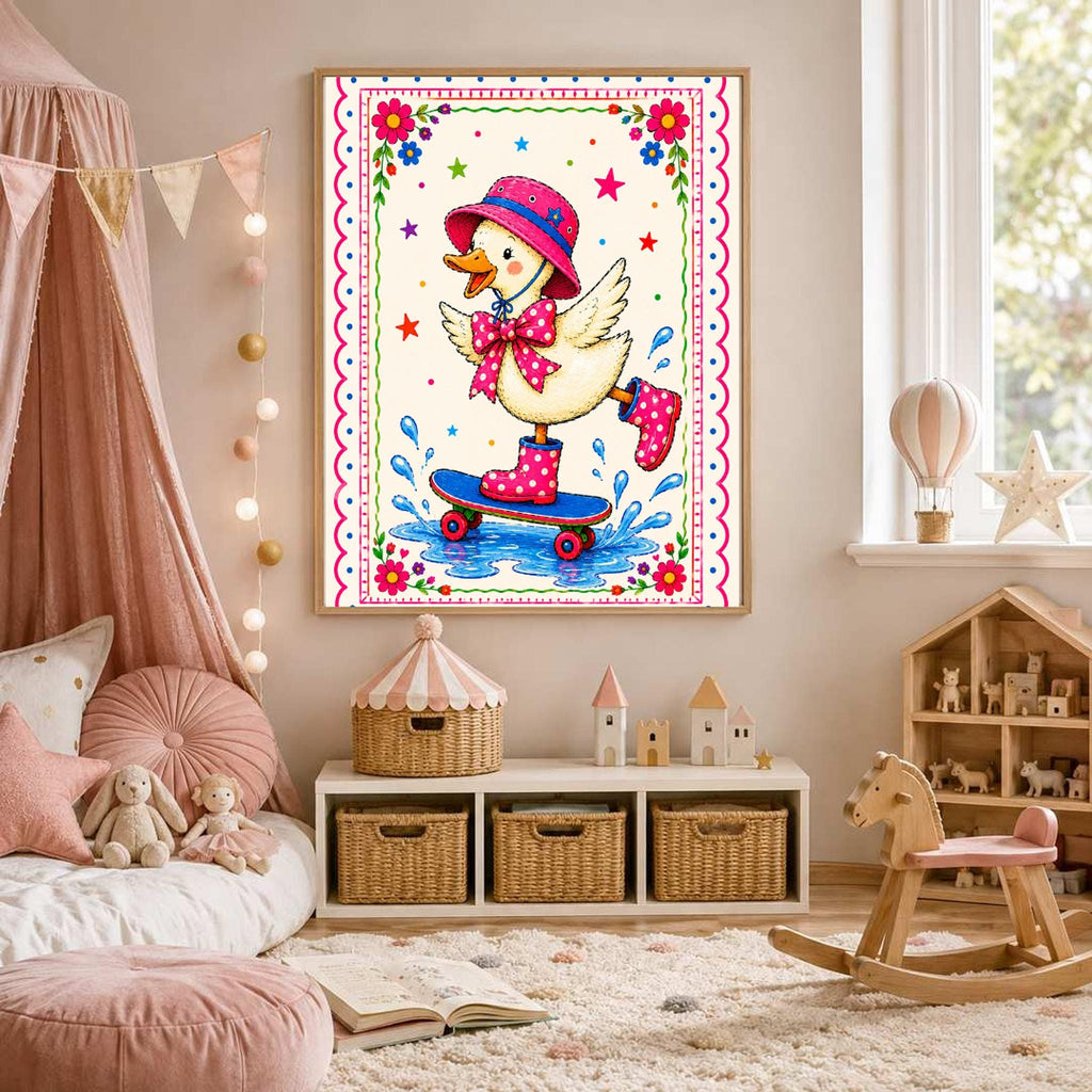 A framed illustration of a skateboarding duck hanging on a wall next to a window in a child's bedroom featuring a pink canopy bed and a rocking horse.