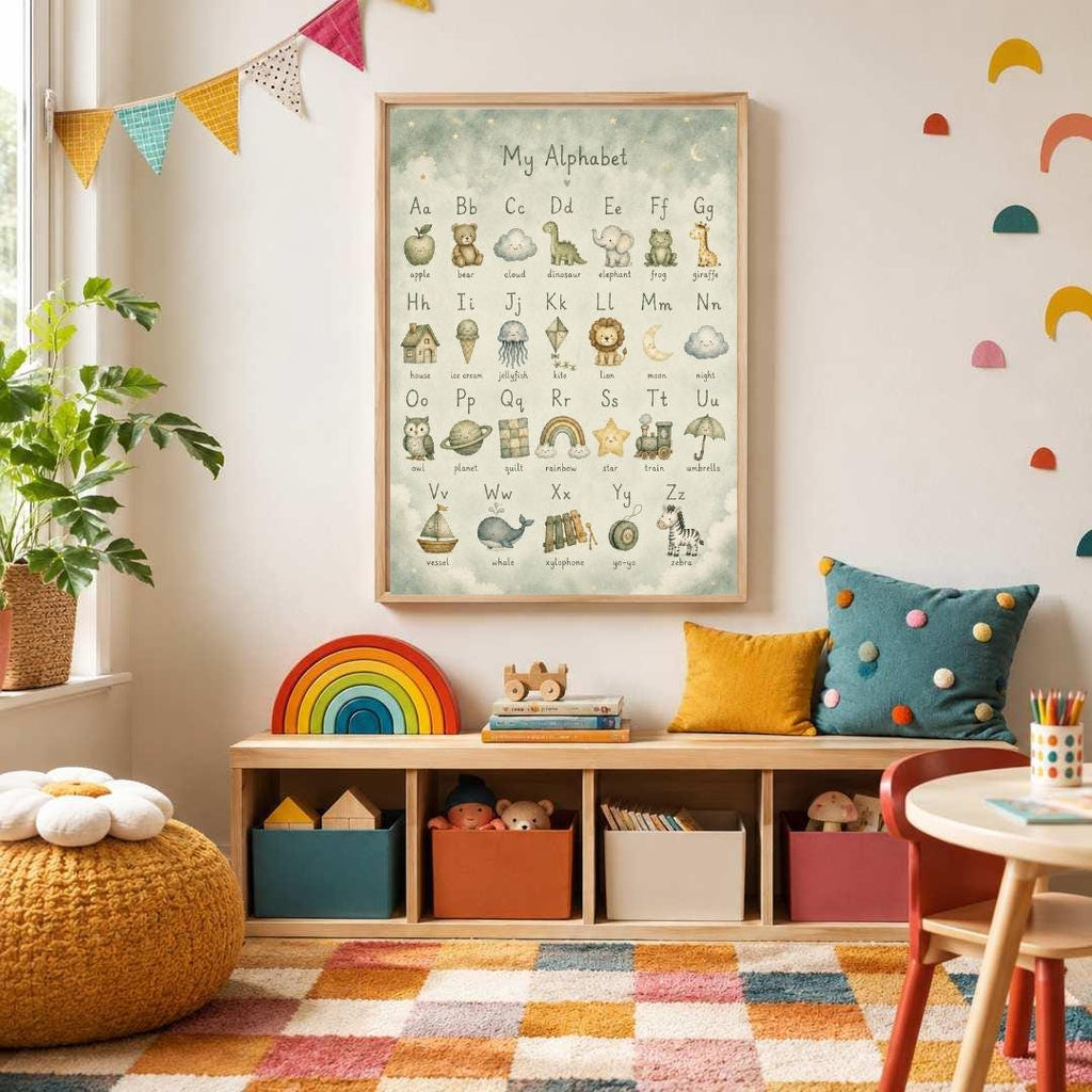Neutral Alphabet Nursery Print, ABC Educational Wall Art, Sage Green Kids Learning Poster, Woodland Nursery Decor, A4 A3