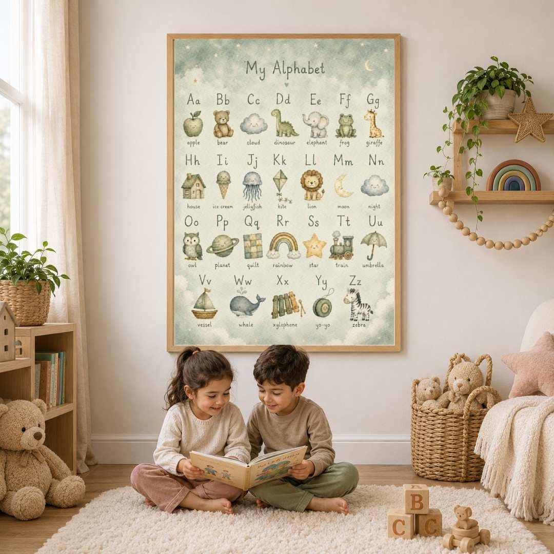 Neutral Alphabet Nursery Print, ABC Educational Wall Art, Sage Green Kids Learning Poster, Woodland Nursery Decor, A4 A3