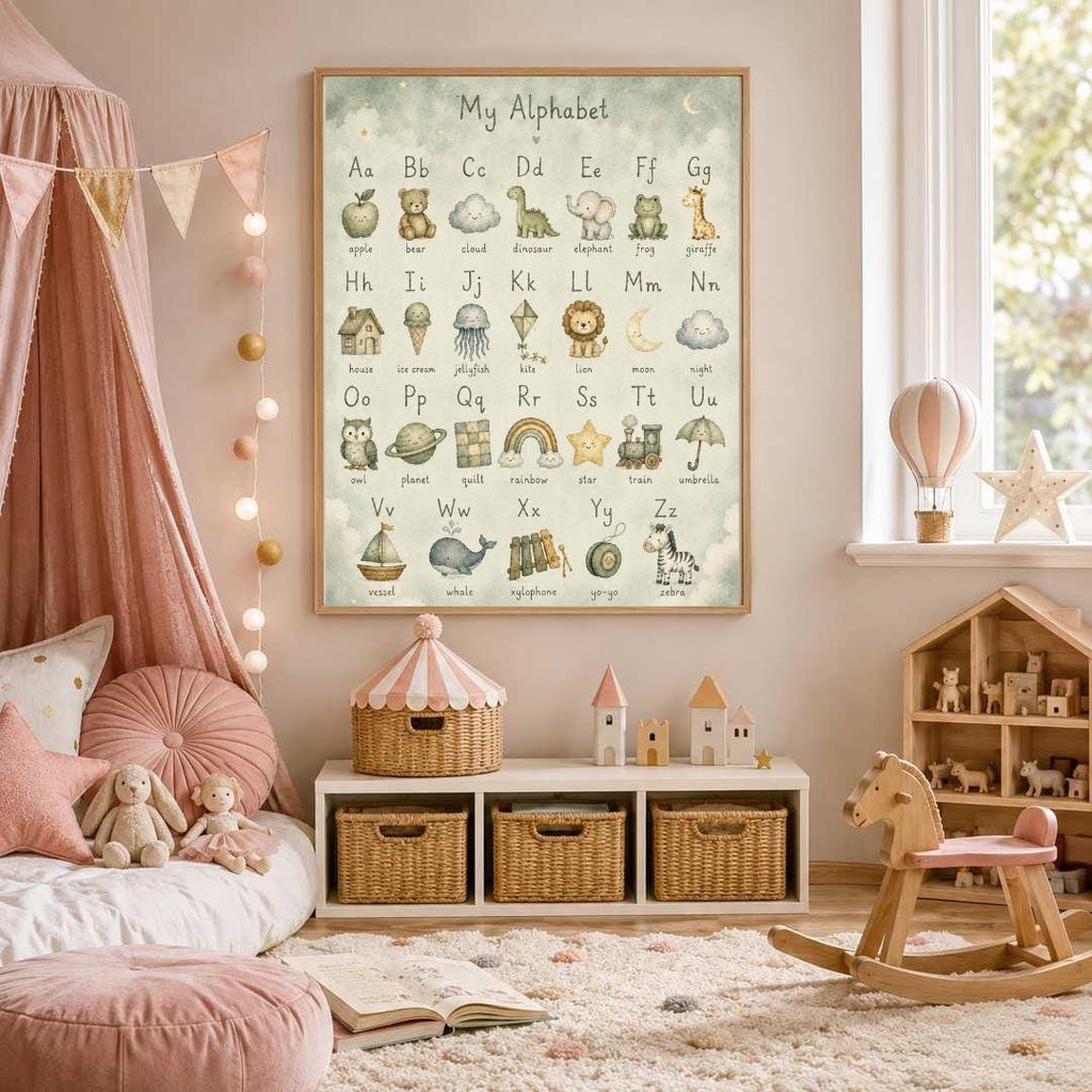 Neutral Alphabet Nursery Print, ABC Educational Wall Art, Sage Green Kids Learning Poster, Woodland Nursery Decor, A4 A3