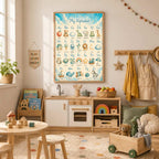 A framed My Alphabet print hangs on the wall above a child-sized wooden play kitchen and table in a brightly lit playroom.