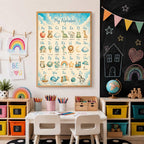 A framed alphabet poster hangs above a white children's table and chairs, positioned in front of a wall with a chalkboard drawing.