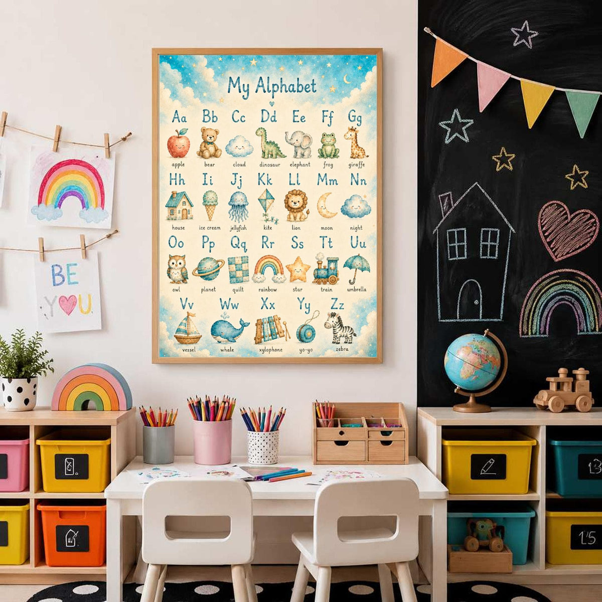 A framed alphabet poster hangs above a white children's table and chairs, positioned in front of a wall with a chalkboard drawing.