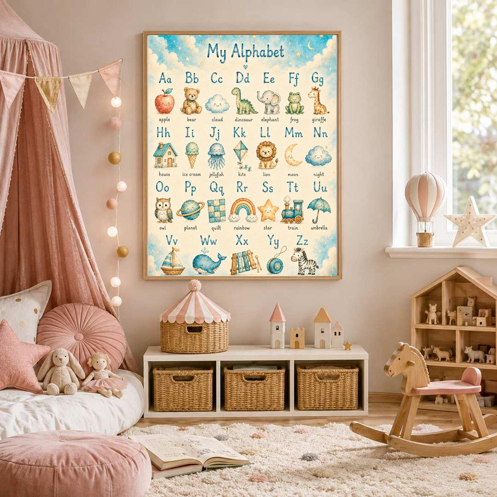 A framed alphabet print is centered on a wall above a white toy storage unit in a nursery decorated with pink tones and a canopy bed.