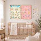 Two framed posters, an alphabet chart and a shapes chart, hang on the wall above a light wood baby crib in a pink nursery.
