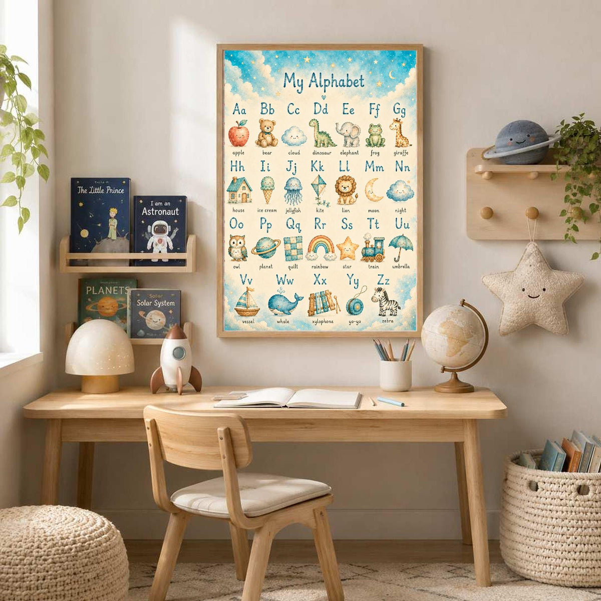 A framed watercolor alphabet poster hangs above a wooden children's desk with books, a globe, and a lamp in a brightly lit room.