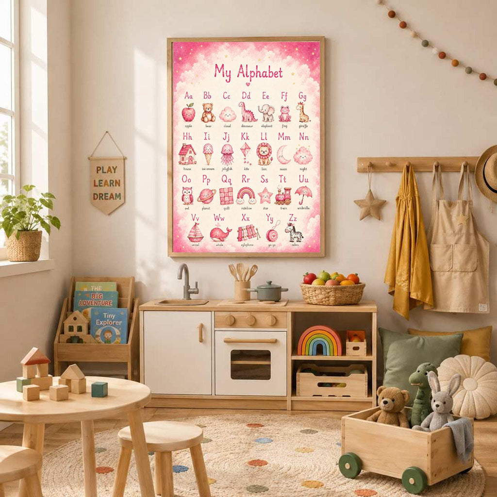 A framed pink alphabet poster hangs on a wall above a child play kitchen in a cozy room.