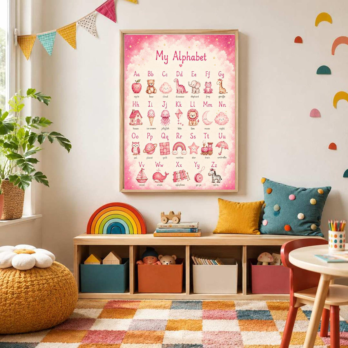 A pink alphabet poster hangs centrally on a wall above a low shelving unit holding toys and books.