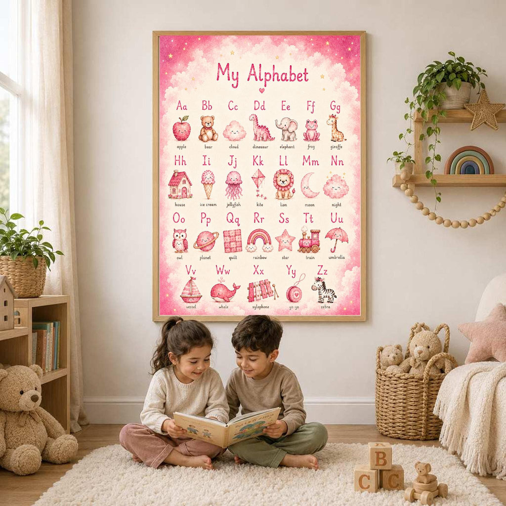 Two children sit on a rug reading a book beneath a framed pink alphabet poster on the wall.