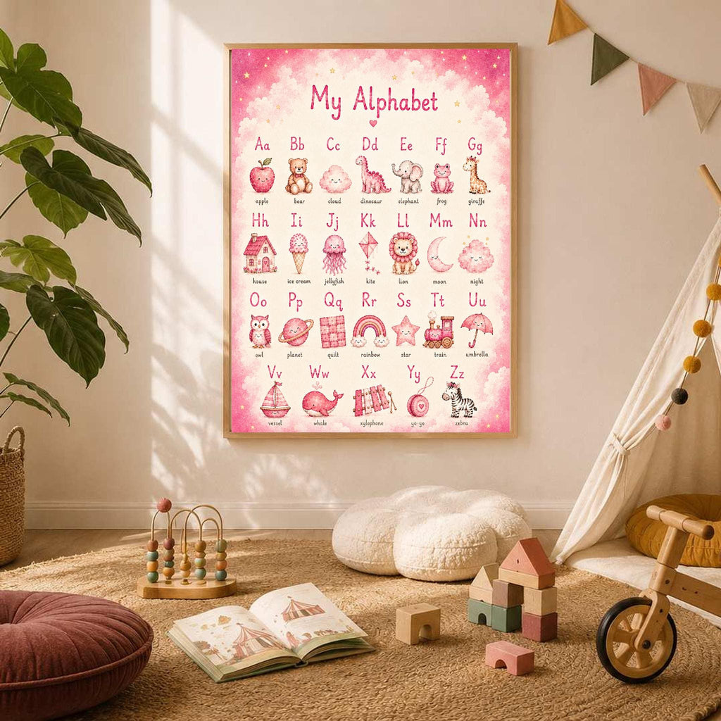 A framed pink alphabet print hangs on a brightly lit wall in a playroom with a wooden toy and play tent.