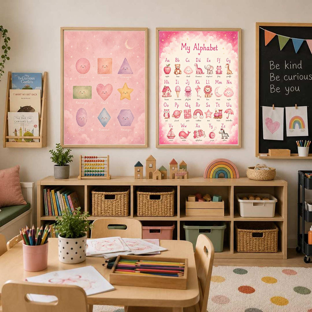 Two framed educational posters, one about shapes and one about the alphabet, hang side by side on a wall.