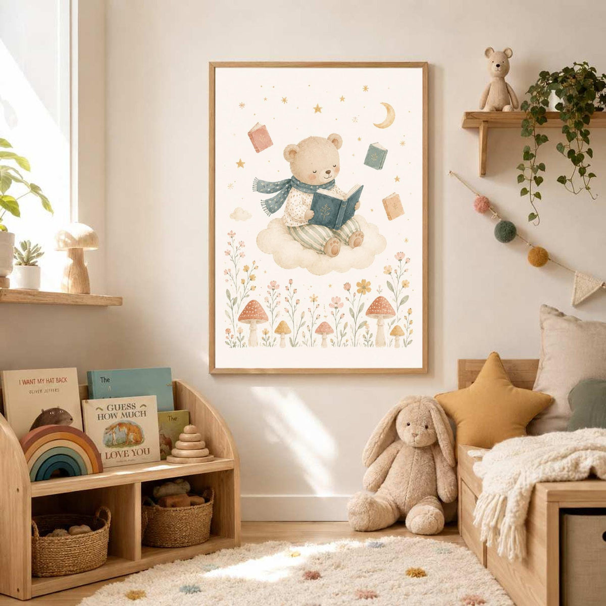 A framed watercolor artwork featuring a reading bear on a cloud is displayed on a wall beside a child's bed and bookshelf.