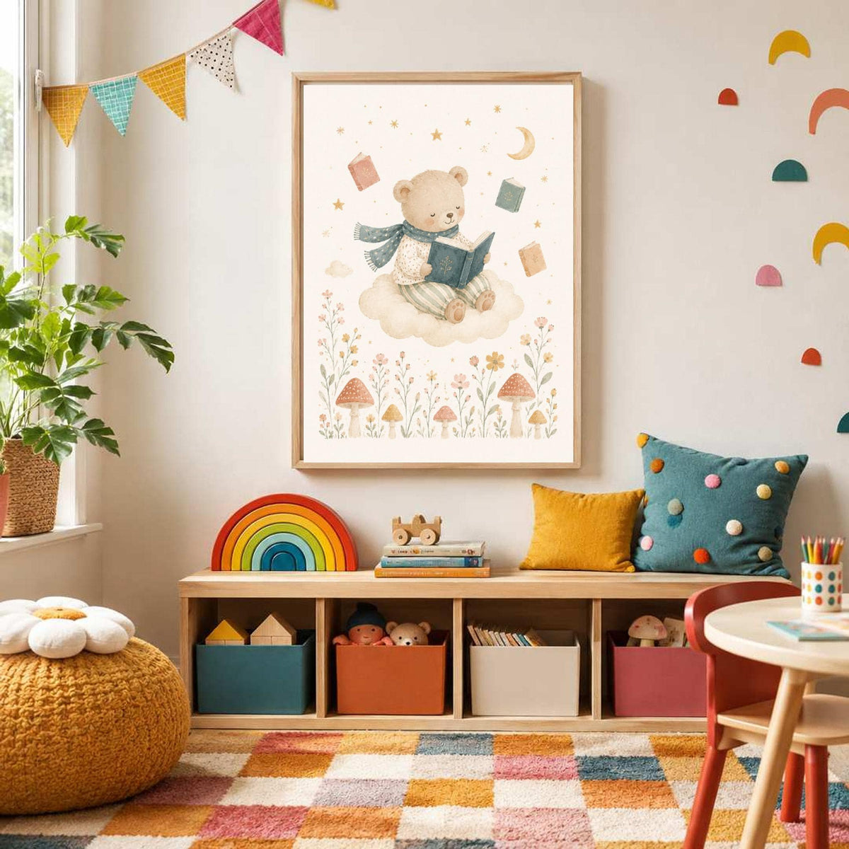 A framed print of a bear reading on a cloud is centered above a low wooden toy storage bench in a brightly colored playroom.