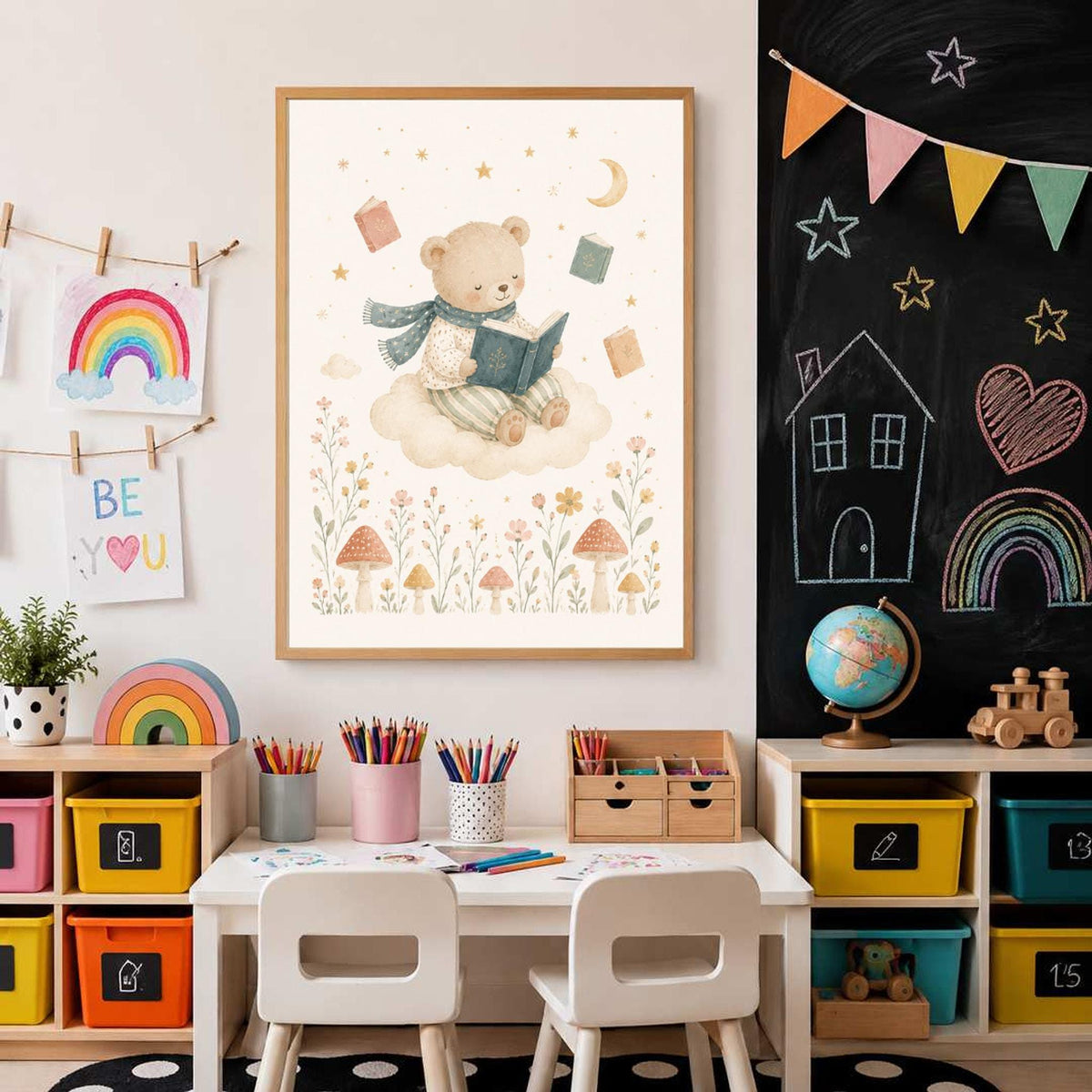 A framed watercolor illustration of a bear reading on a cloud is mounted on a wall above a child's art table and a chalkboard.
