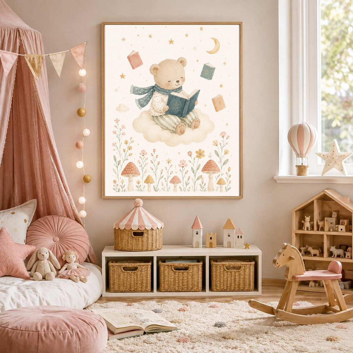 A framed watercolor print of a bear reading on a cloud hangs on the wall of a pink-themed nursery with a canopy bed and toys.