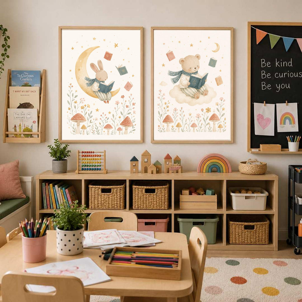 Two framed watercolor prints, one showing a rabbit on a crescent moon and one a bear on a cloud, hang above a low storage unit.