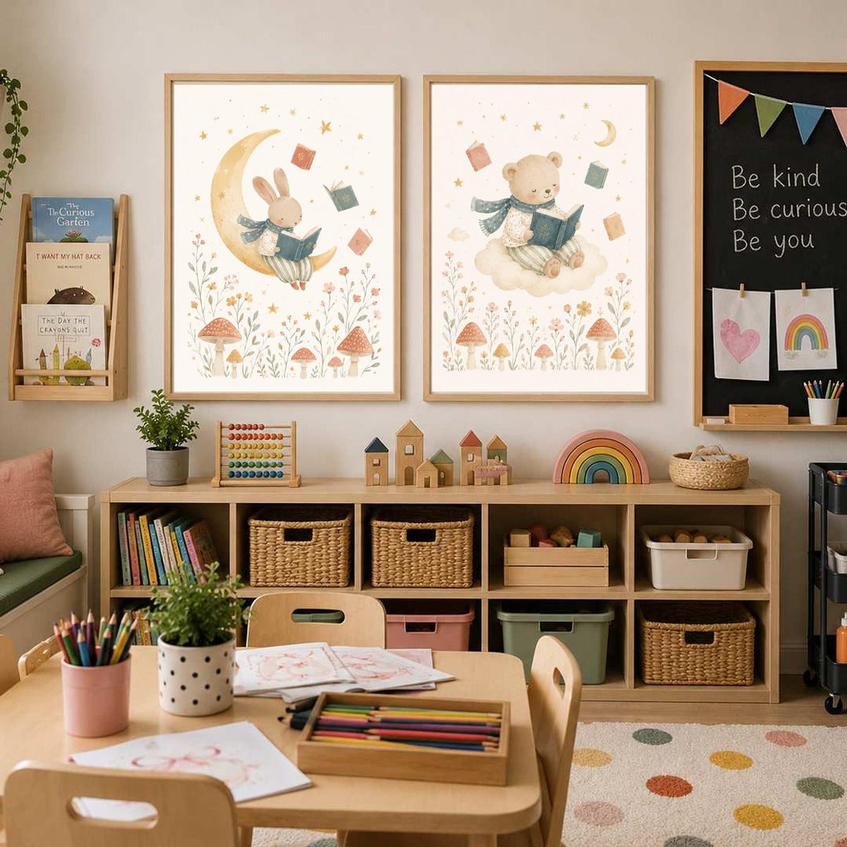 Two framed watercolor prints, one showing a rabbit on a crescent moon and one a bear on a cloud, hang above a low storage unit.