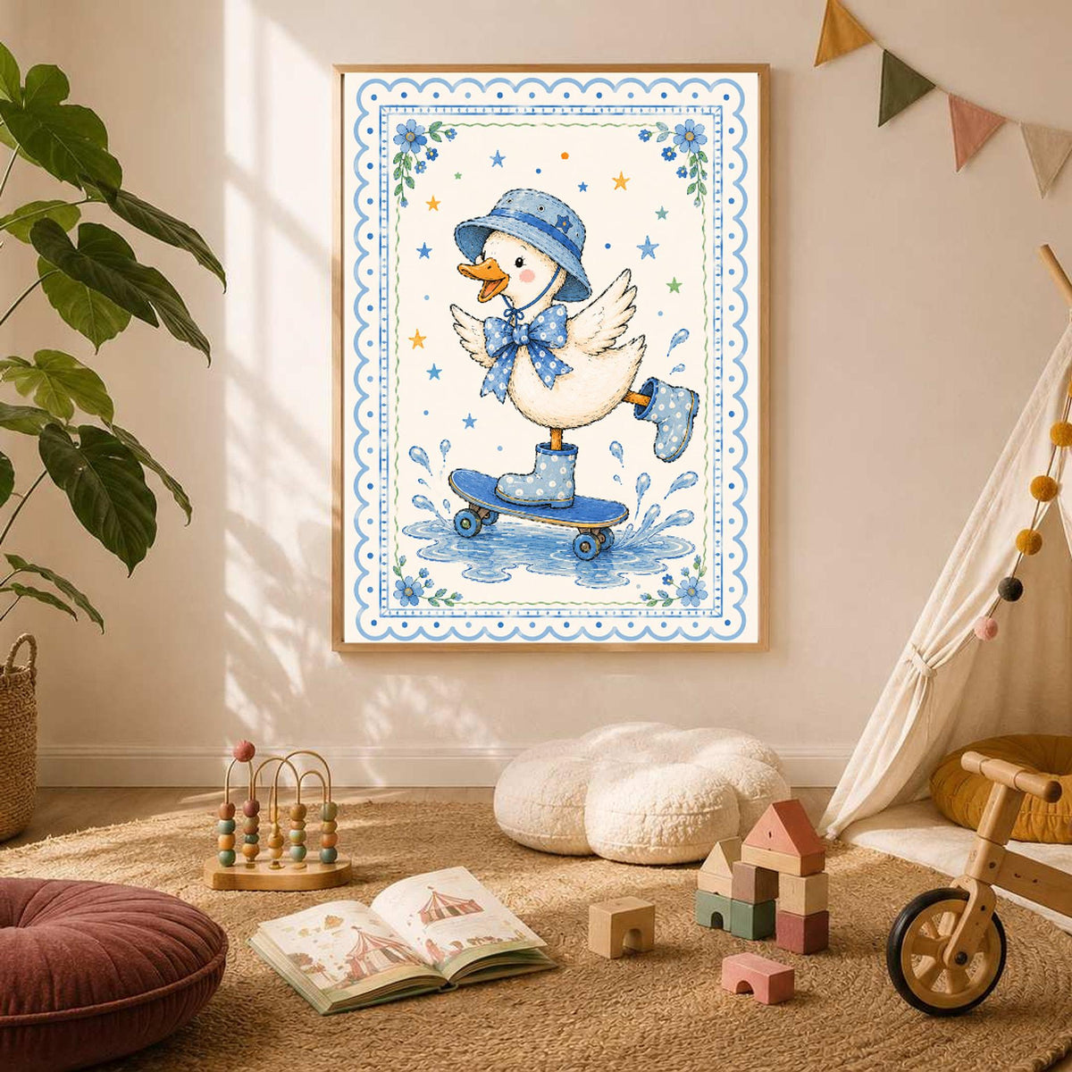 A framed print of a skateboarding duck in blue boots and a matching hat is displayed on a playroom wall near a wooden toy arch and a play tent.