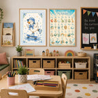 Two framed prints featuring a skateboarding duck and an alphabet chart are hung side by side on a wall above a shelving unit filled with books and toys.