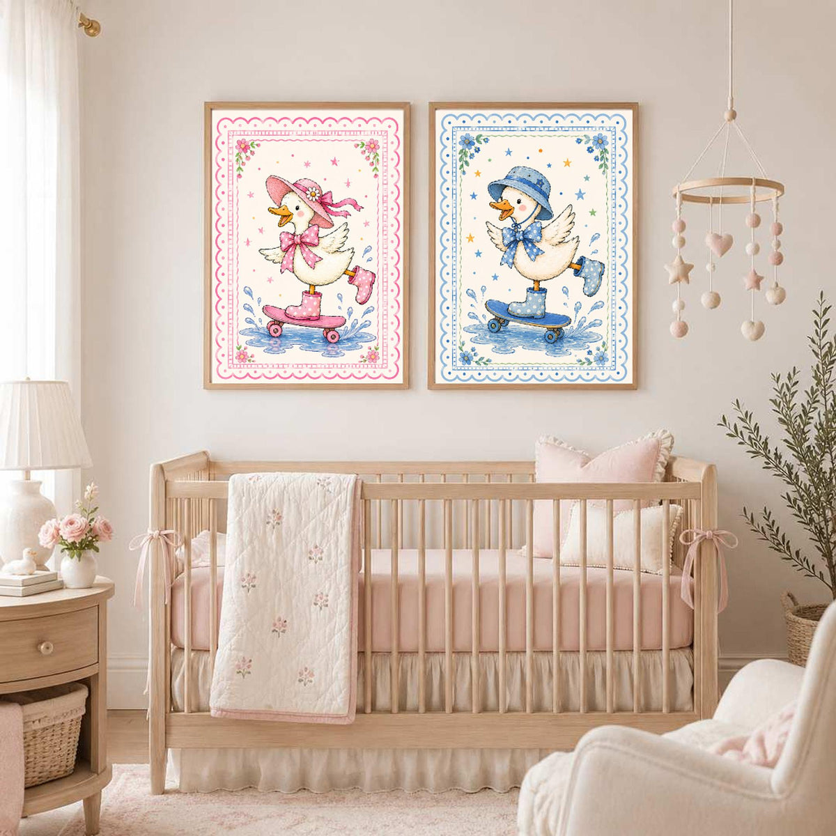 Two framed watercolor duck prints, one in pink and one in blue, hang side by side on a nursery wall above a wooden baby crib.