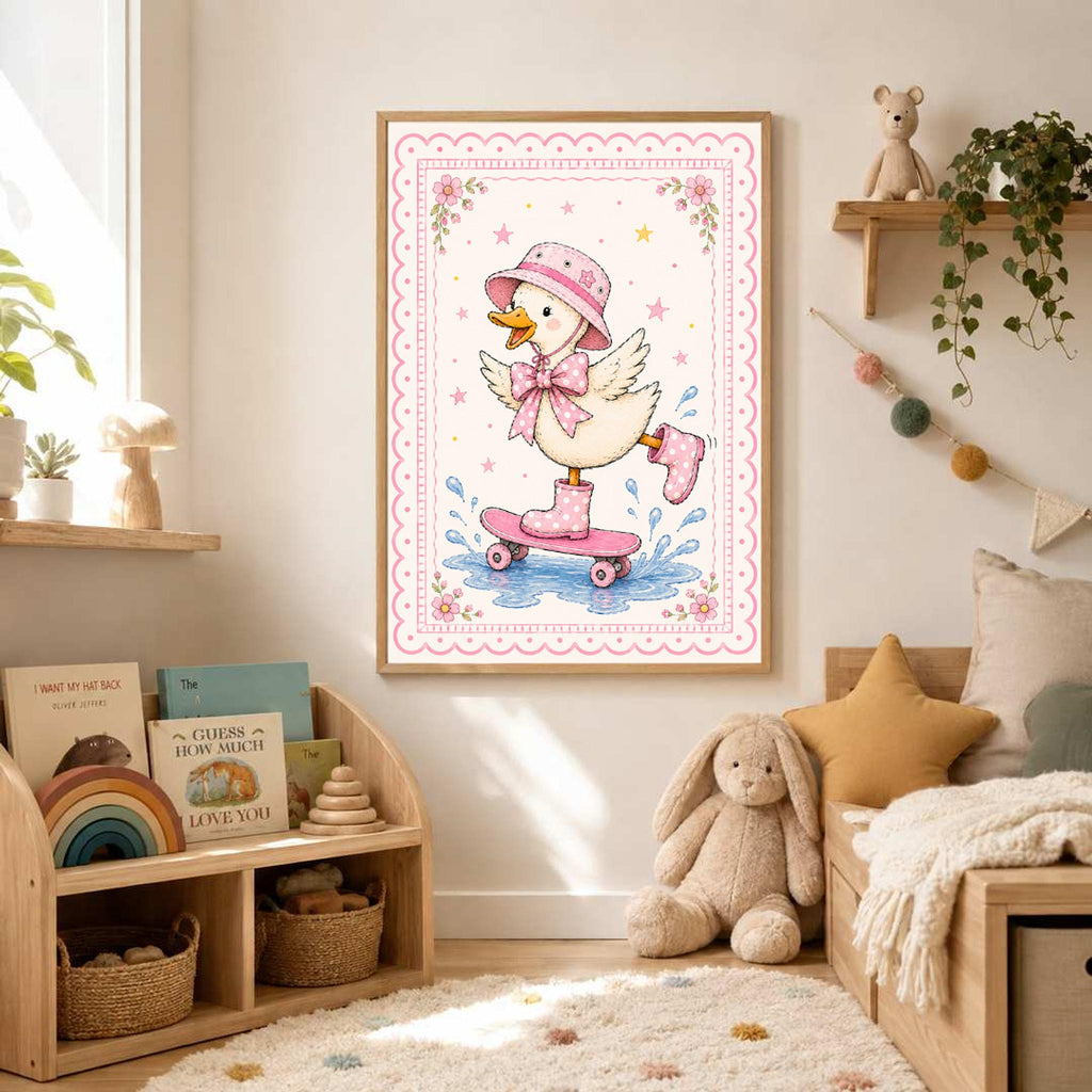 A framed duck skateboarder artwork hanging on a bedroom wall above a wooden toy chest.