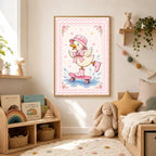 A framed duck skateboarder artwork hanging on a bedroom wall above a wooden toy chest.