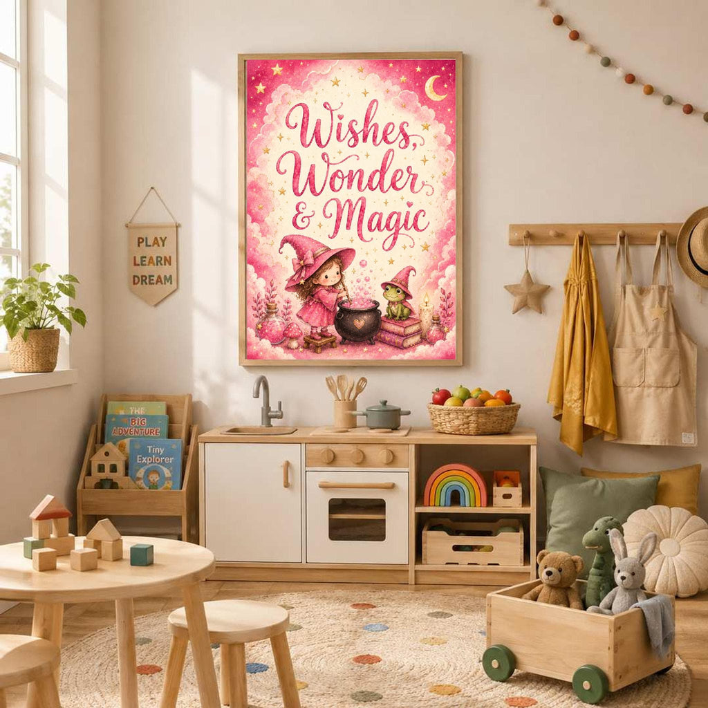 A framed art print featuring a little witch brewing potion in a pink cloud-filled sky with the text Wishes, Wonder and Magic, hanging in a child play area.