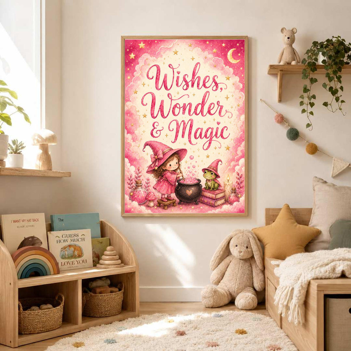 A framed Wishes Wonder and Magic art print hanging on a wall above a child bed and bookshelf.