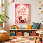 A framed Wishes Wonder and Magic poster displayed above a low wooden storage unit in a playroom.