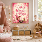 A framed Wishes Wonder and Magic poster hanging on a nursery wall above a low storage shelf and canopy bed.