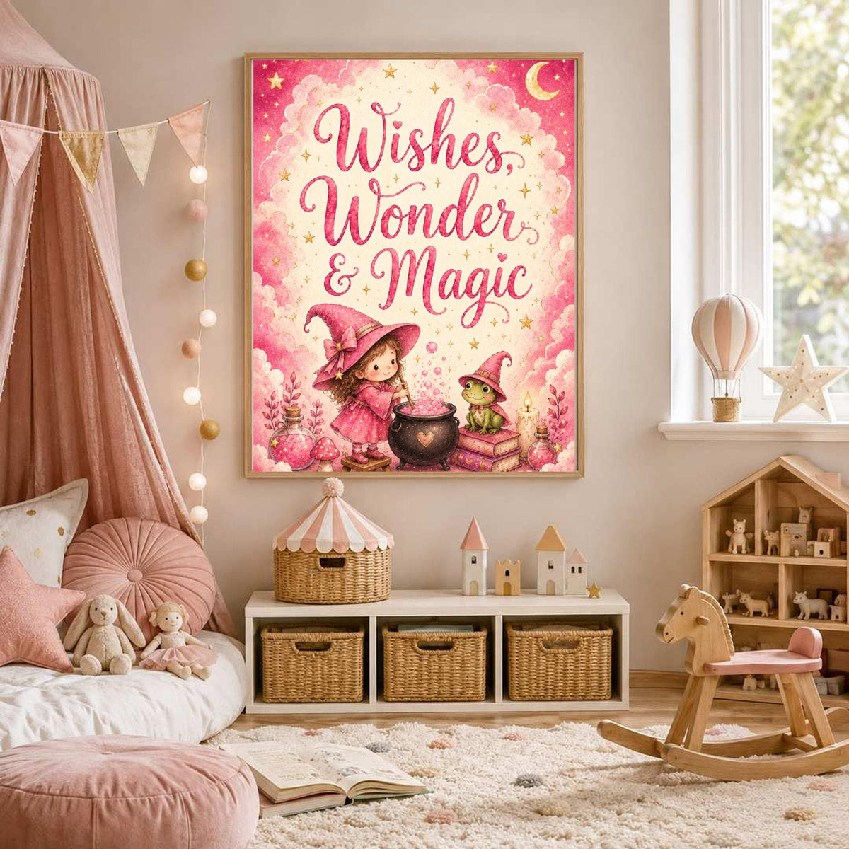 A framed Wishes Wonder and Magic poster hanging on a nursery wall above a low storage shelf and canopy bed.