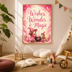 A framed Wishes Wonder and Magic wall art print displayed in a child playroom with a play tent and toys.