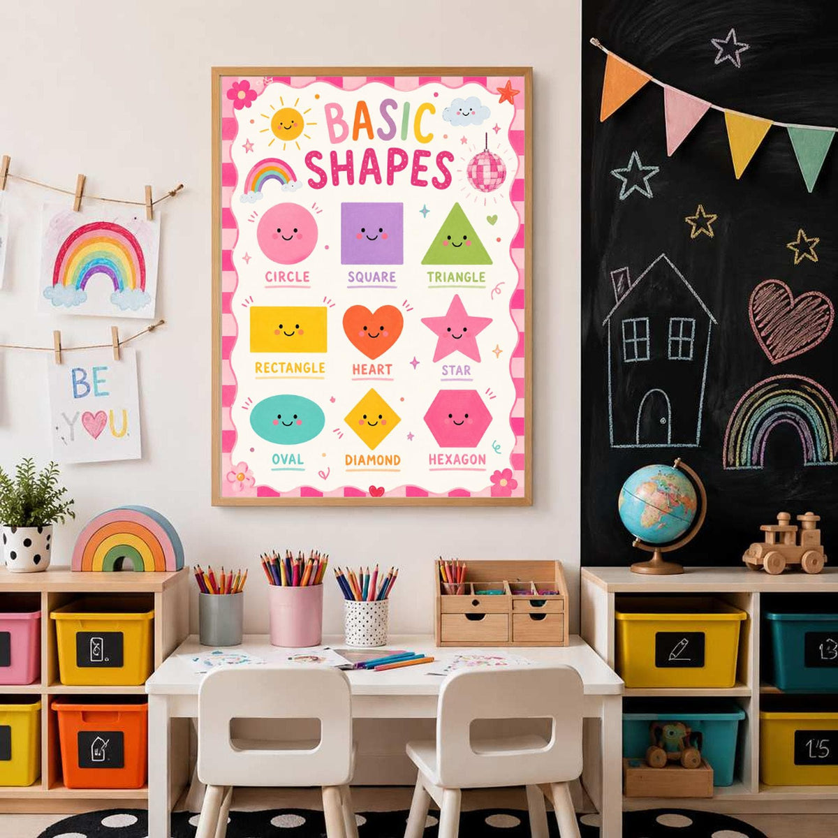 A framed basic shapes educational poster is mounted on a wall above a childs desk next to a blackboard.