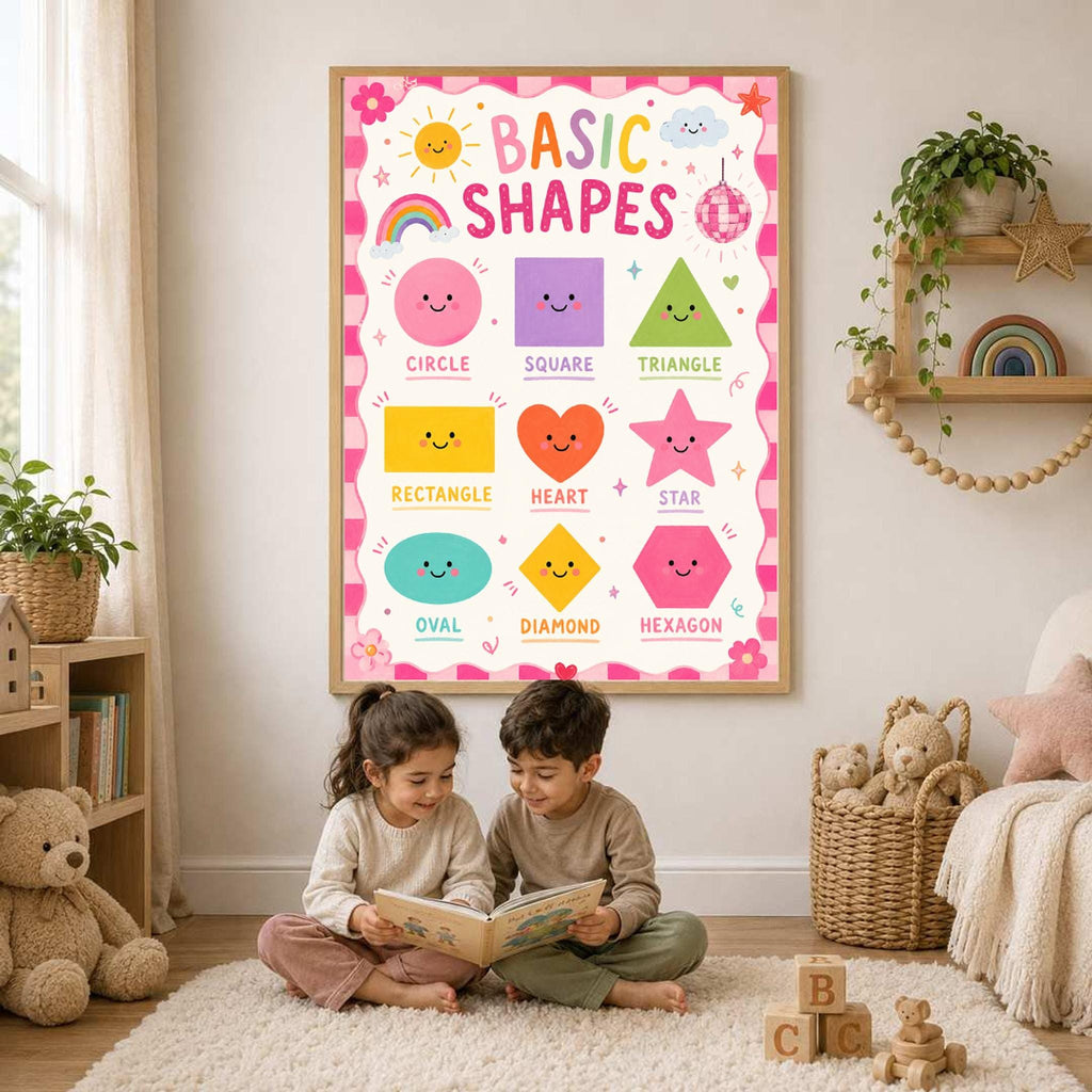 A framed basic shapes poster hangs on a wall above two young children sitting on a rug reading a book.
