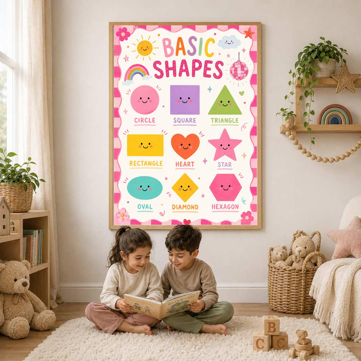 A framed basic shapes poster hangs on a wall above two young children sitting on a rug reading a book.