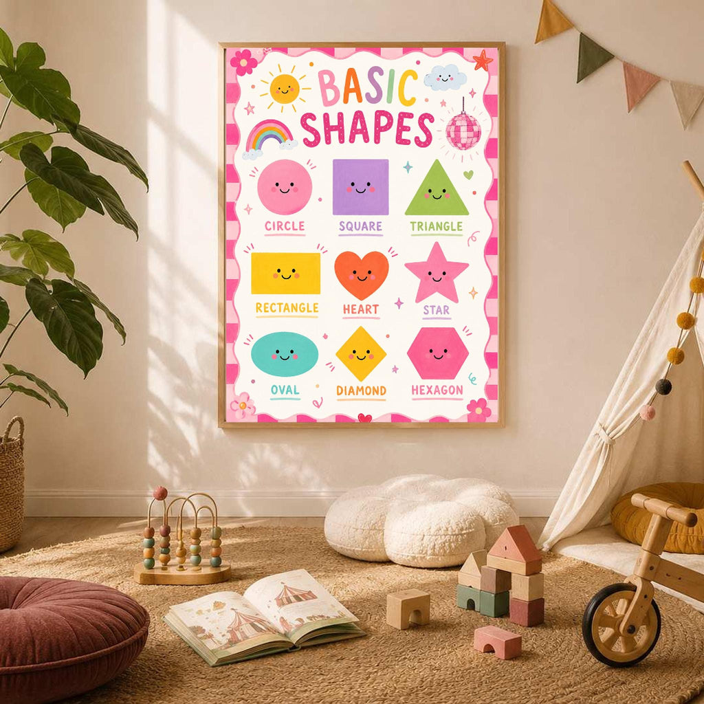 A framed basic shapes poster is displayed on a wall in a bright playroom with toys and a children's table.
