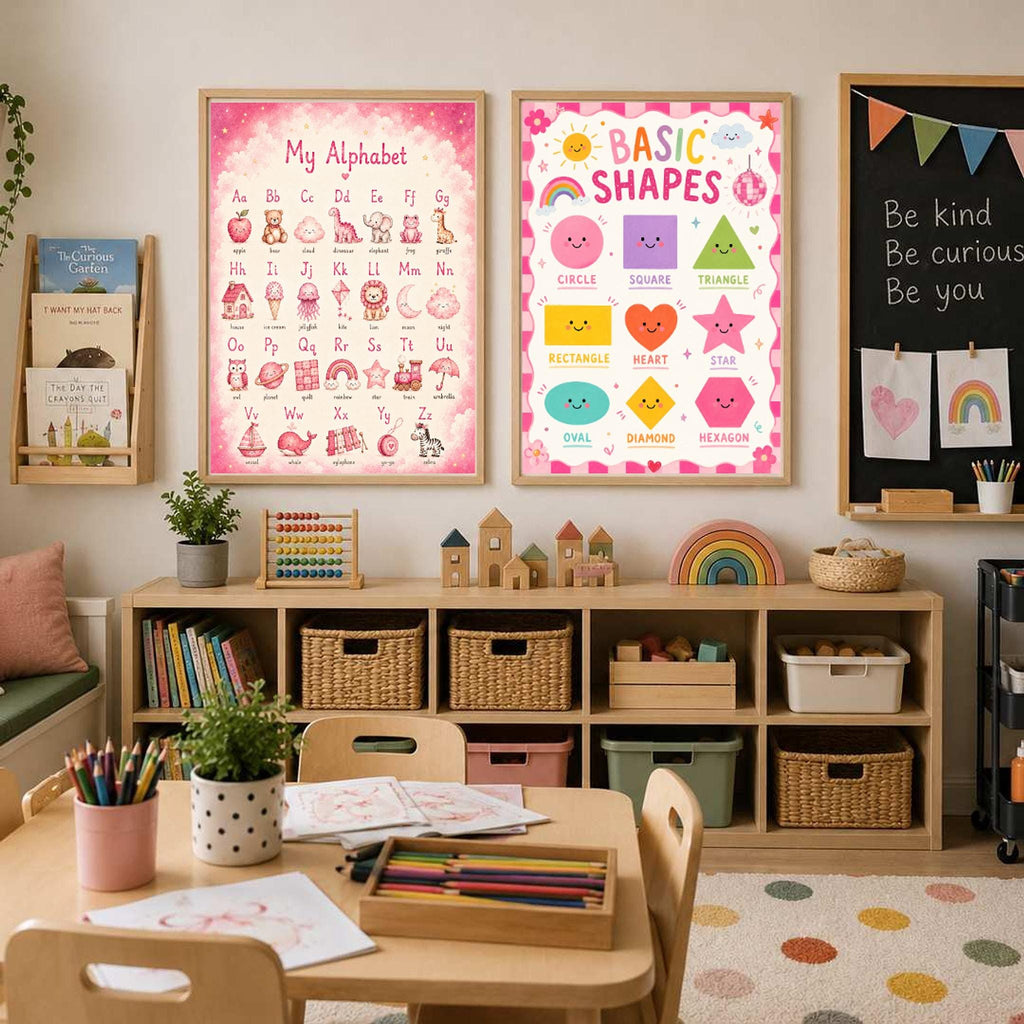 A framed alphabet poster and a framed basic shapes poster hang side by side on a wall above a shelving unit.