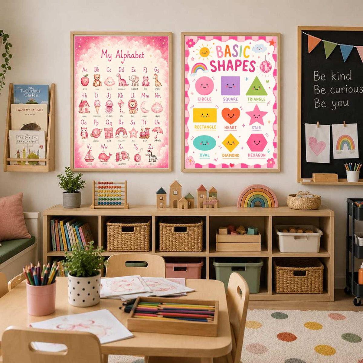A framed alphabet poster and a framed basic shapes poster hang side by side on a wall above a shelving unit.