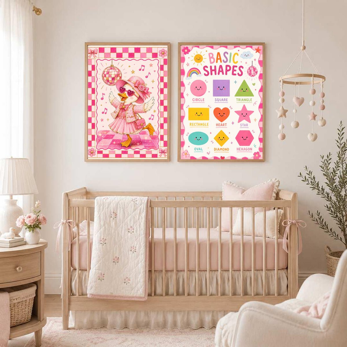 Two framed posters, one showing a dancing duck and the other showing basic shapes, hang above a baby crib.
