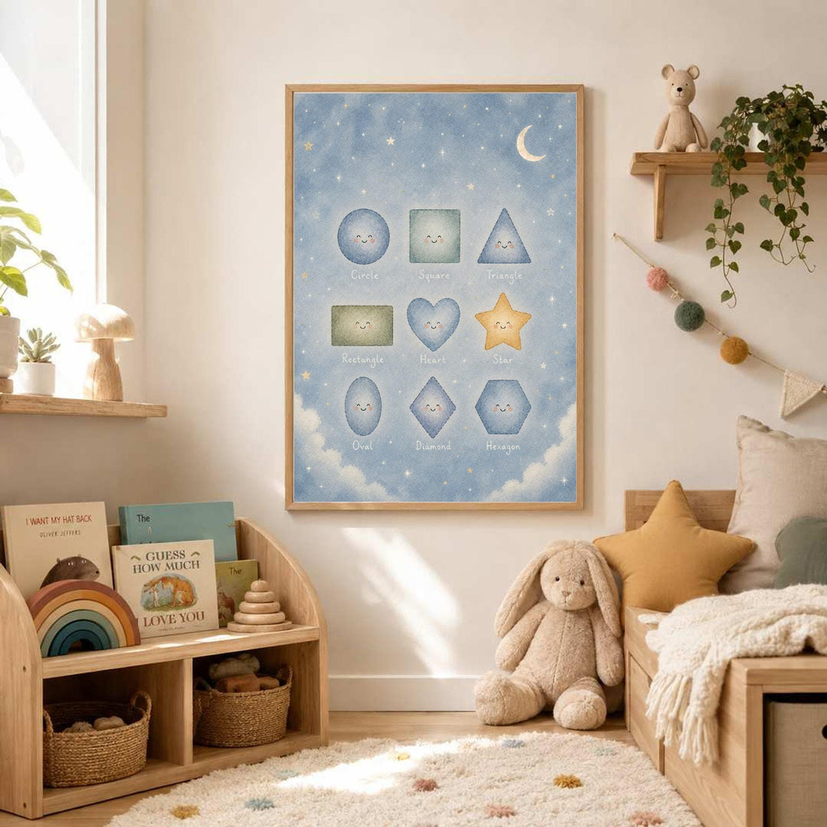 The educational shapes poster hangs in a cozy children room next to a wooden toddler bed and a bookshelf.
