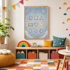 A framed educational poster showing cute pastel shapes mounted on a wall above a low wooden storage unit with colorful bins.