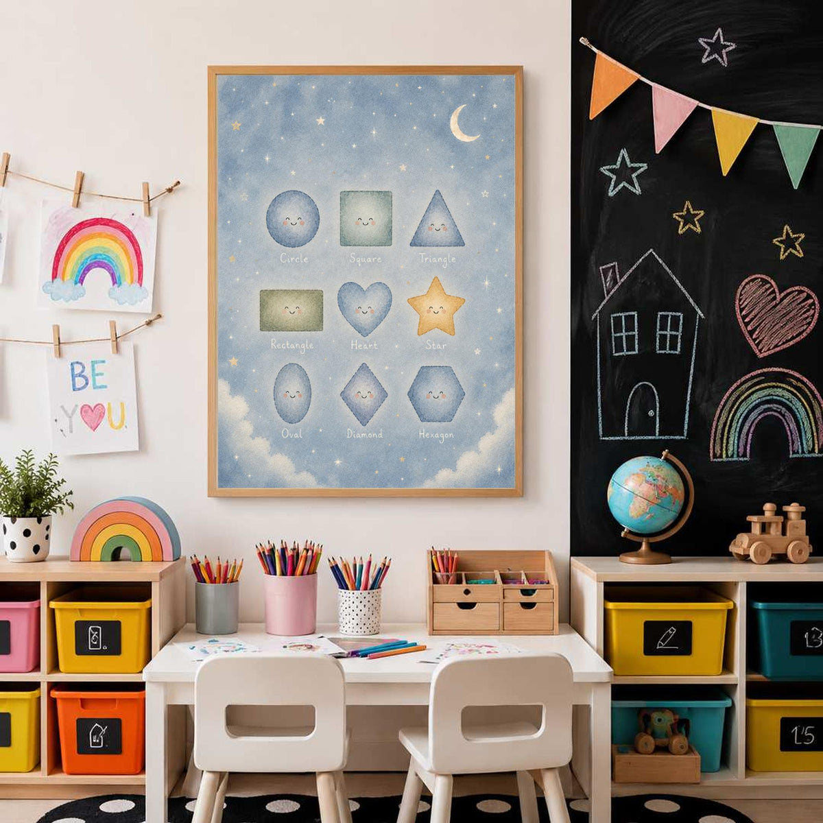 The shapes poster is displayed above a child desk in a playroom with a chalkboard wall and colorful storage boxes.