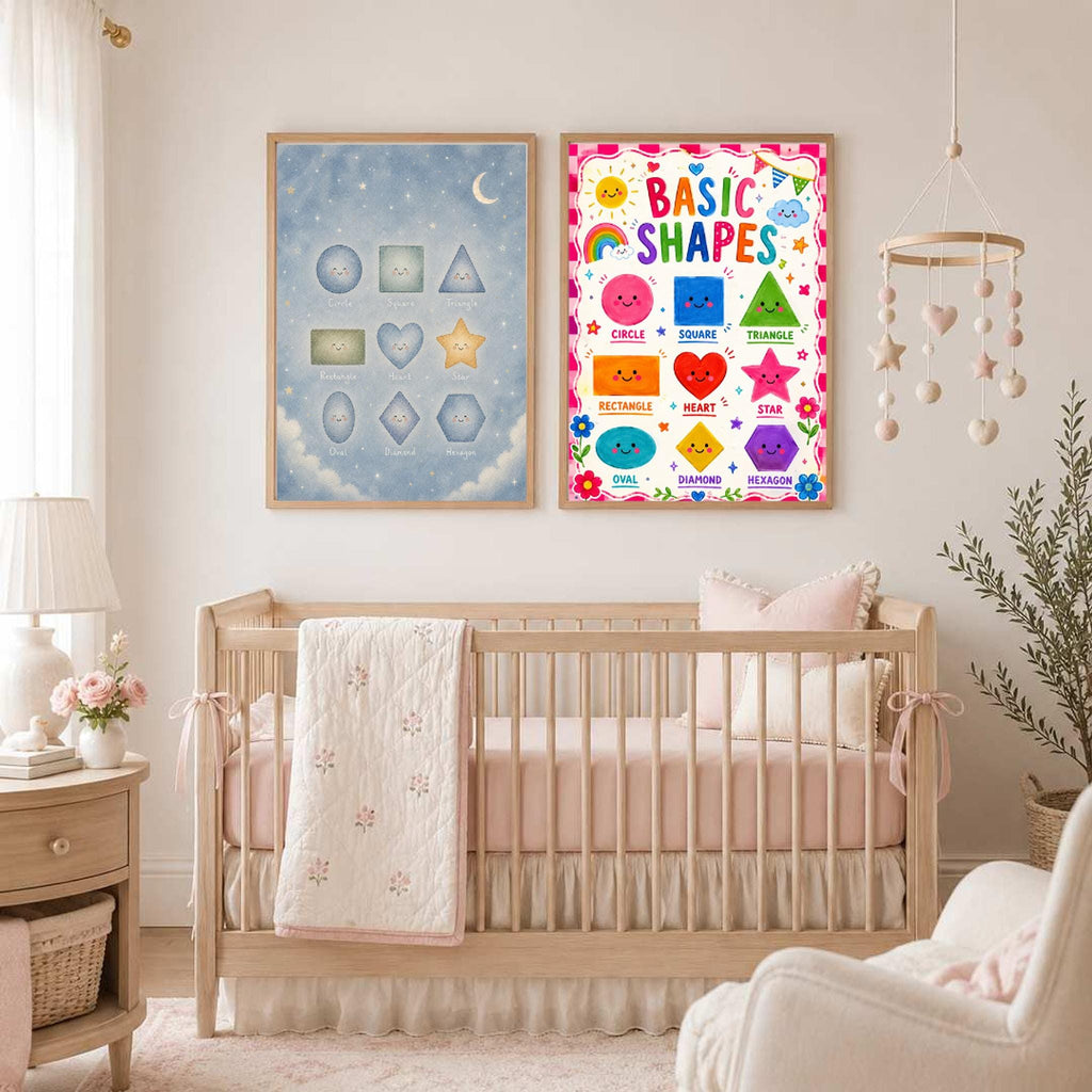 Two educational posters hang on the wall above a wooden baby crib in a simply decorated nursery.
