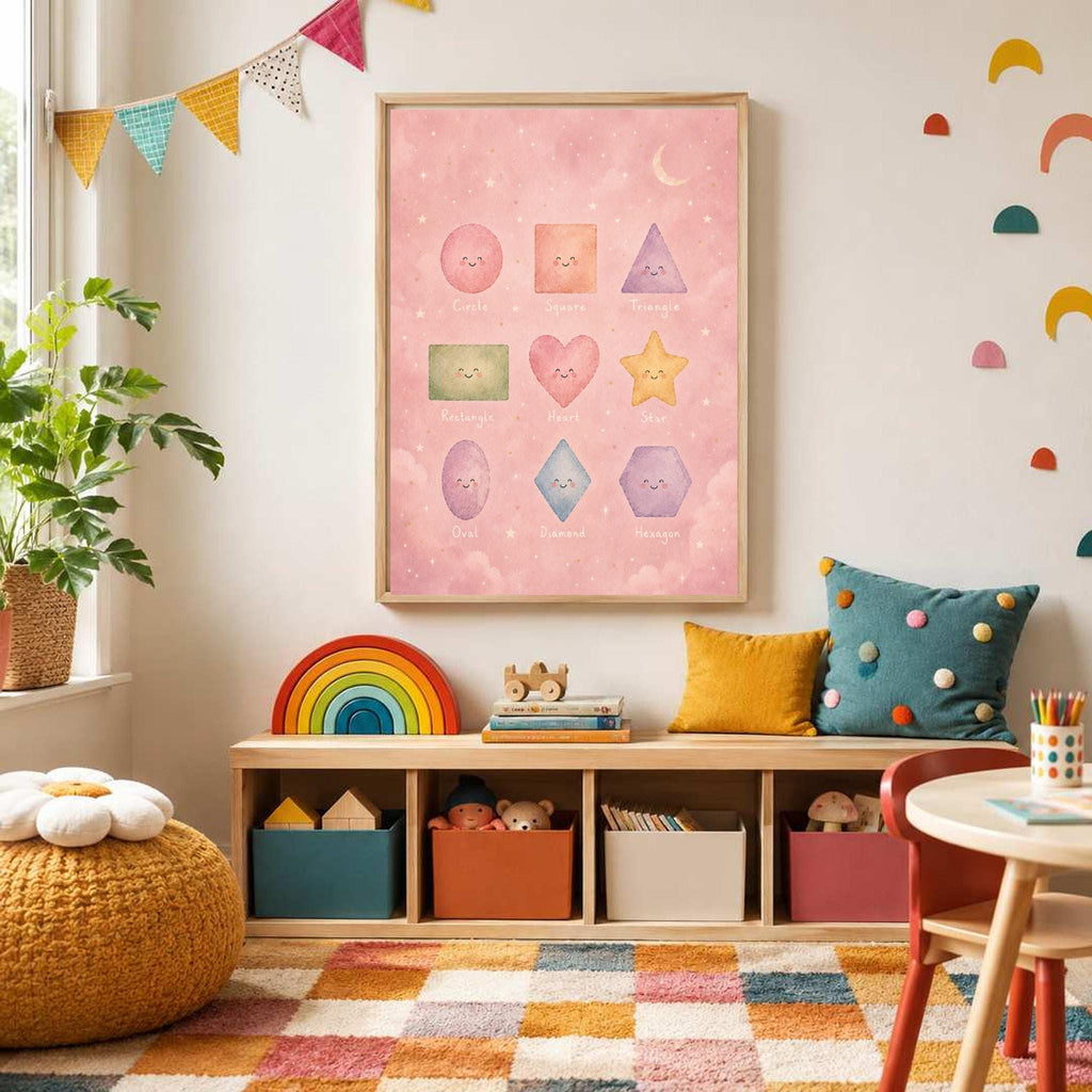 The framed pastel shapes poster is displayed above a low wooden storage unit filled with colorful bins.
